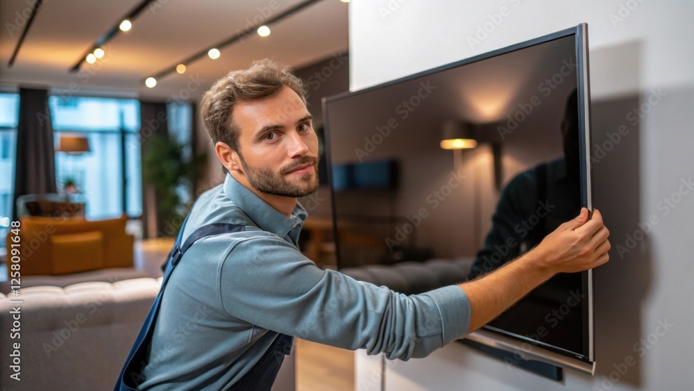 Leinwandbilder a medium closeup of a technician adjusting the tilt angle of a mounted tv with a look of concentrati