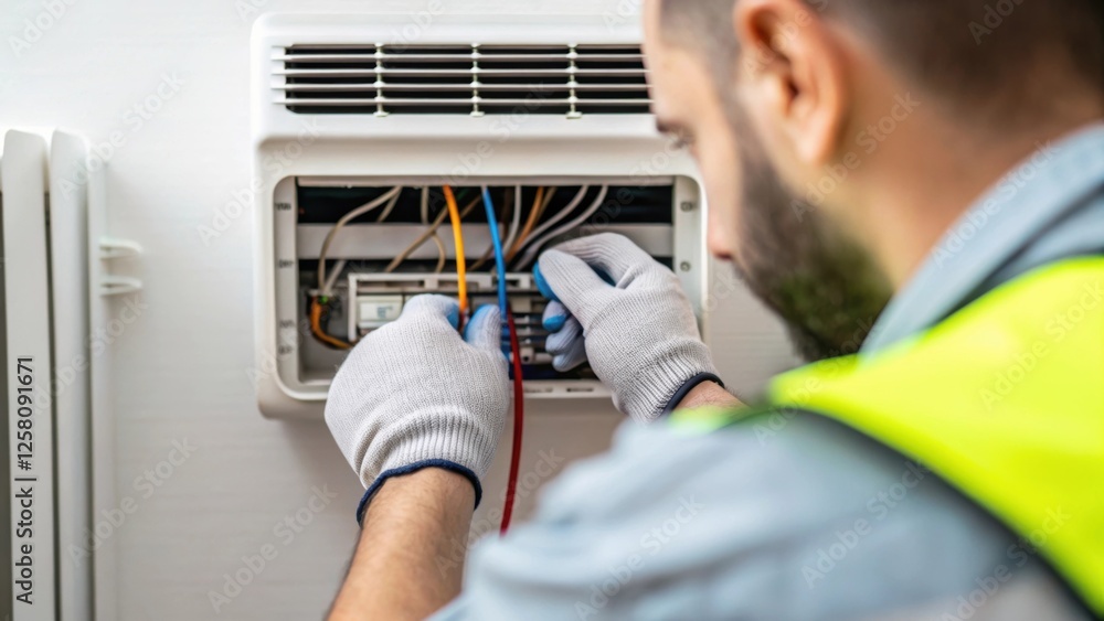 Poster A medium closeup of a technician examining the wiring connections behind a wallmounted heater emphasizing safety and proper installation techniques.