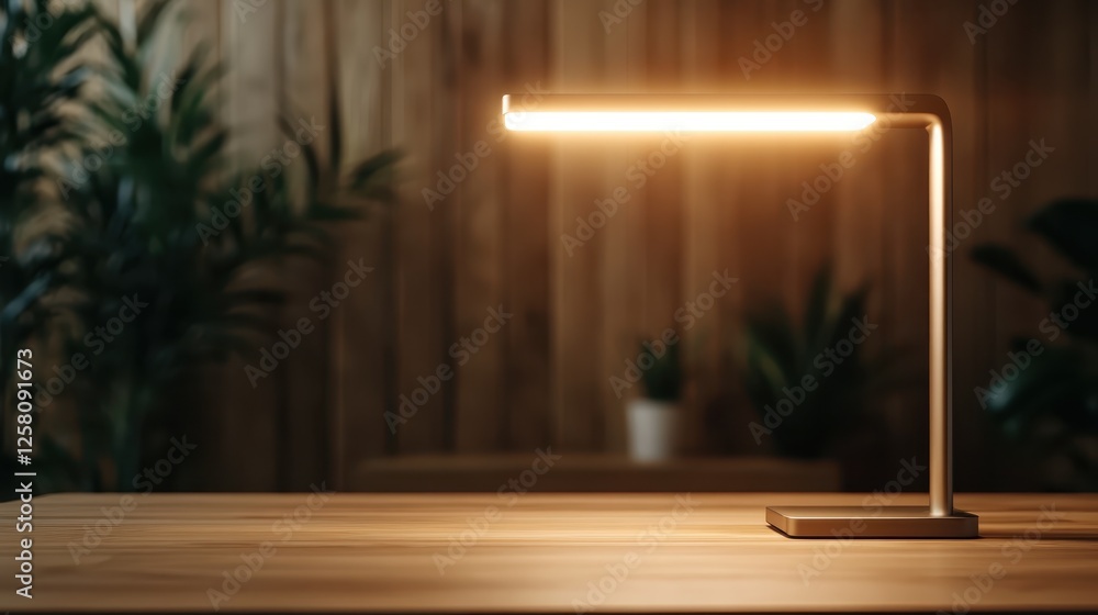 Poster a stylish modern desk lamp with a sleek design casts warm light, creating an inviting atmosphere in 