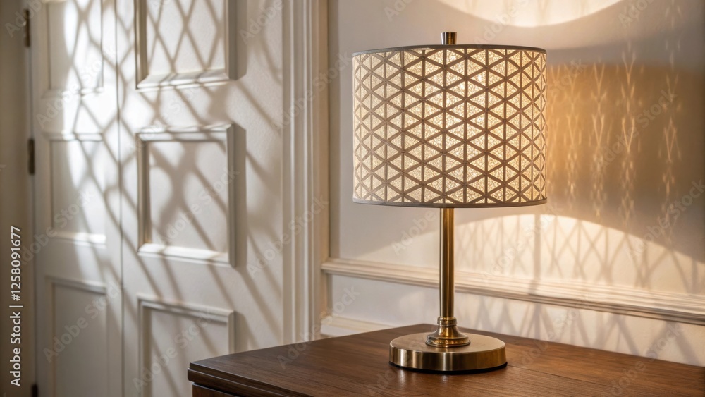 Poster A medium closeup of a table lamp with a patterned shade casting intricate shadows on the wall behind it while adding a layer of elegance to the minimalist decor.