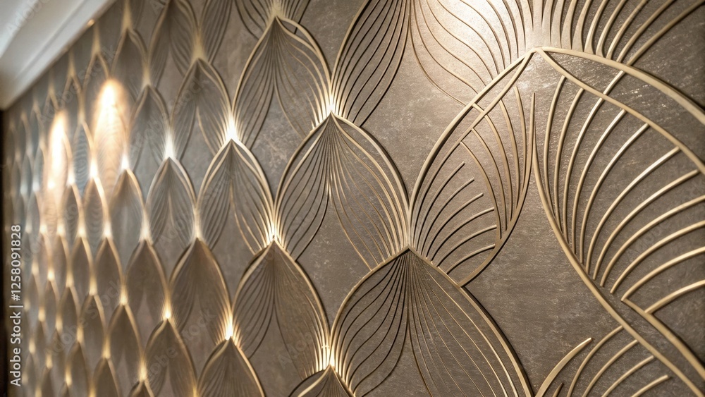 Aufkleber A medium closeup of a textured wallpaper featuring metallic accents reflecting light in various angles and creating a dynamic visual effect on the accent wall.