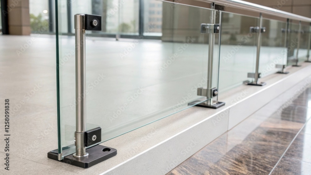 Poster A medium closeup of a transparent partition being held in place by a pair of stylish brackets highlighting the smooth surface of the glass and the minimalist design that blends