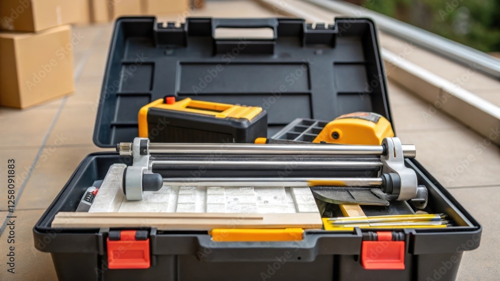 Aufkleber A medium closeup of a toolbox containing essential tile installation tools such as a tile ter and spacers providing insight into the craftsmanship involved in the renovation.