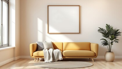 Cozy living room with yellow sofa,  sunlight, and plant. Interior design mockup