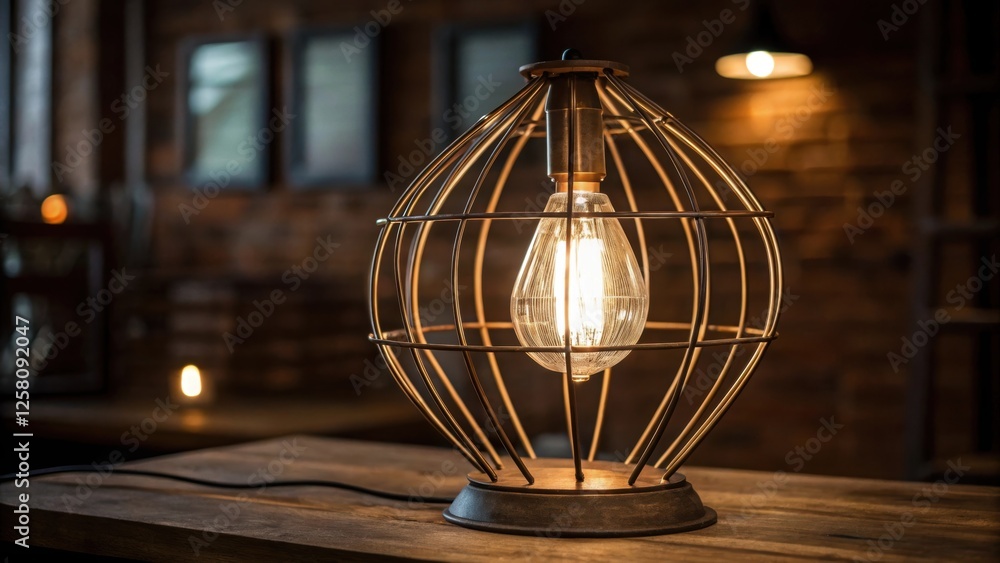 Poster A medium closeup of a vintageinspired wireframe lamp its open structure allowing light to radiate in all directions enhancing a cozy rustic atmosphere.