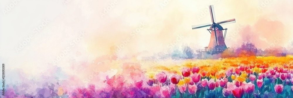 Poster colorful watercolor illustration of tulip fields with a windmill in vibrant spring colors. generativ
