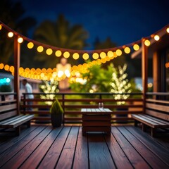 Empty modern wooden terrace with abstract night light bokeh of night festival in garden copy space for display of product or object presentation vintage color tone Bokeh light lights background b
