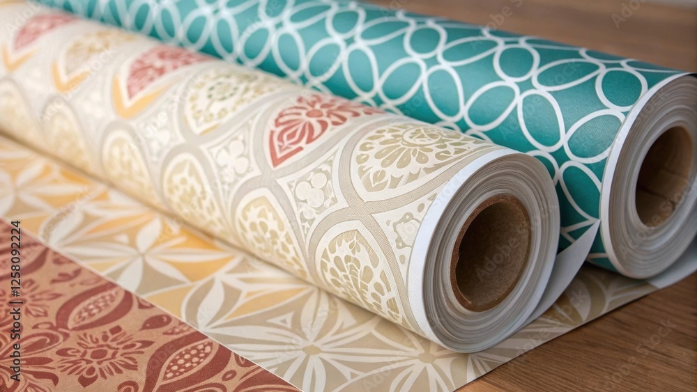 Poster a medium closeup of a wallpaper roll being unwrapped revealing an assortment of colors and textures 