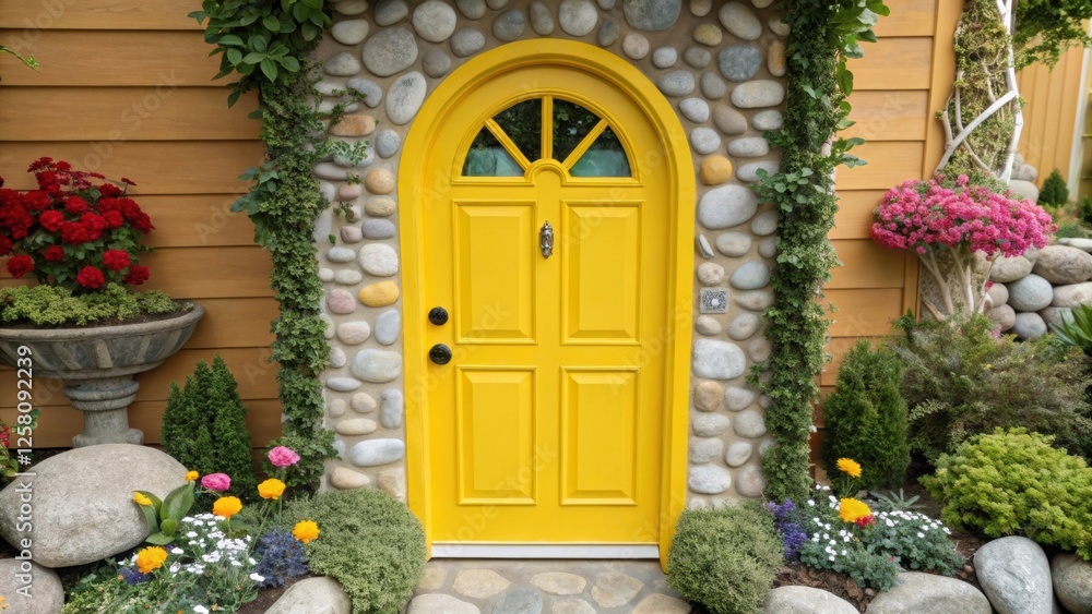 Poster a medium closeup of a vibrant yellow door with a unique asymmetrical design nestled within a playful