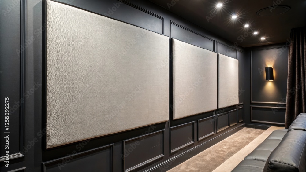 Poster a medium closeup of a welldesigned acoustic panel featuring a fabric finish mounted on a dark wall d