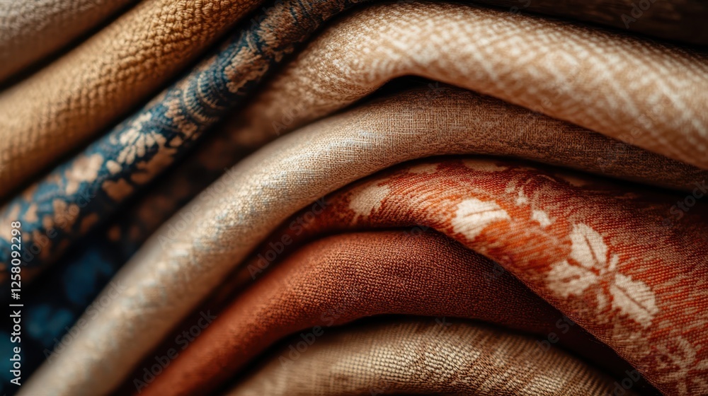 Poster a visually striking image of stacked textiles showcasing an array of patterns and colors, representi