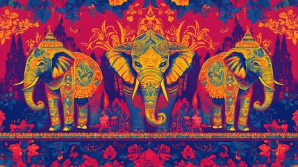 Obraz premium Colorful elephant mural, vibrant artwork with intricate patterns, highlights cultural significance, ideal for creative spaces.