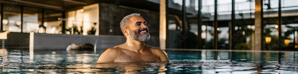 Aufkleber a man is swimming in a pool. he is smiling and he is enjoying himself. the pool is surrounded by a b