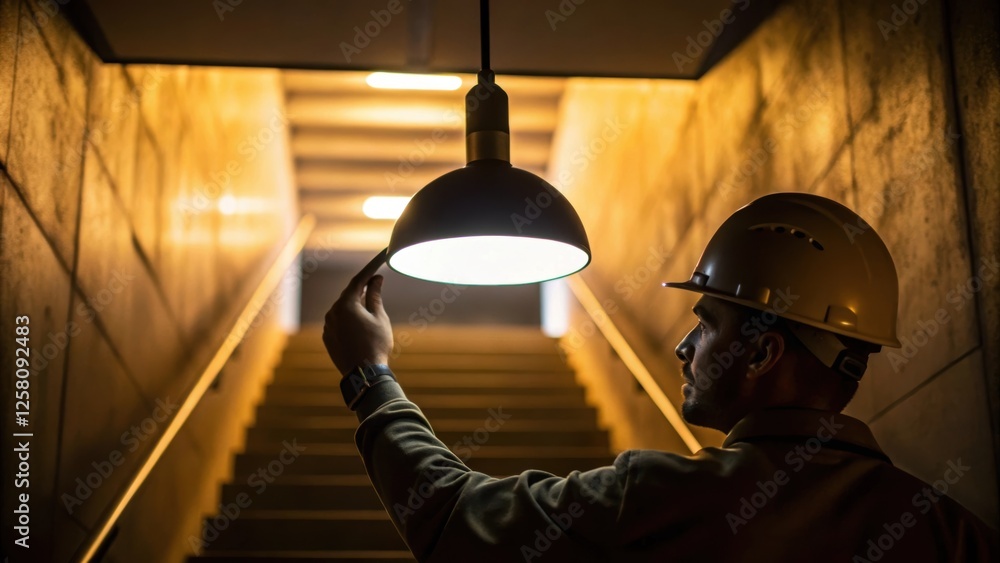 Poster a medium closeup of a worker examining a sleek energyefficient pendant light the warm glow illuminat