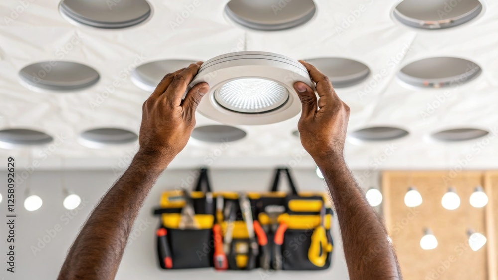 Poster A medium closeup of a workers hands expertly installing a recessed LED light into a ceiling with an array of uninstalled fixtures in the background hinting at an ongoing project.
