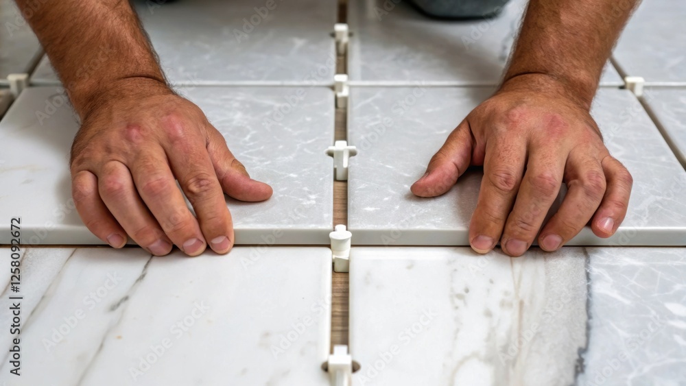 Poster A medium closeup of a workers hands adjusting a tile spacers between two installed marble tiles focusing on the precision required in creating an even and professional finish.