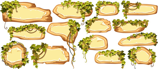 Wooden boards with old paper, stems hedera helix, ivy, liana, grapes, vine. Set blank invitations, maps, jungle plants. Vector 3d elements for messages, banners, applications, notebooks, mobile games.