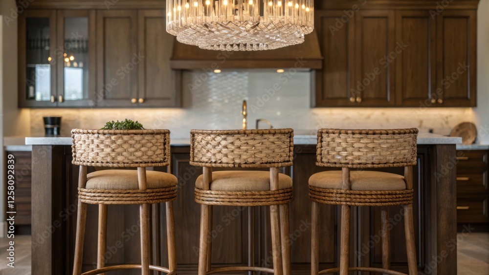 Poster A medium closeup of bar stools with woven seats around an island positioned under an elegant chandelier highlighting the interplay of textures and colors in the kitchen.
