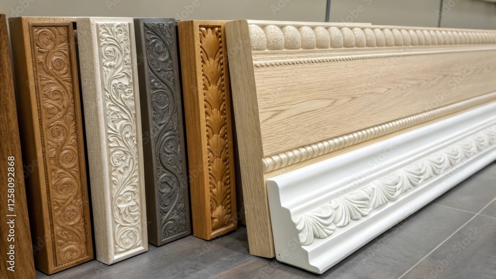 Poster a medium closeup of different styles of baseboards arranged side by side demonstrating various desig