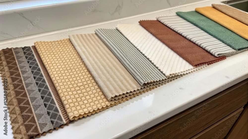 Poster a medium closeup of fabric swatches laid out on a countertop showcasing a variety of textures and co