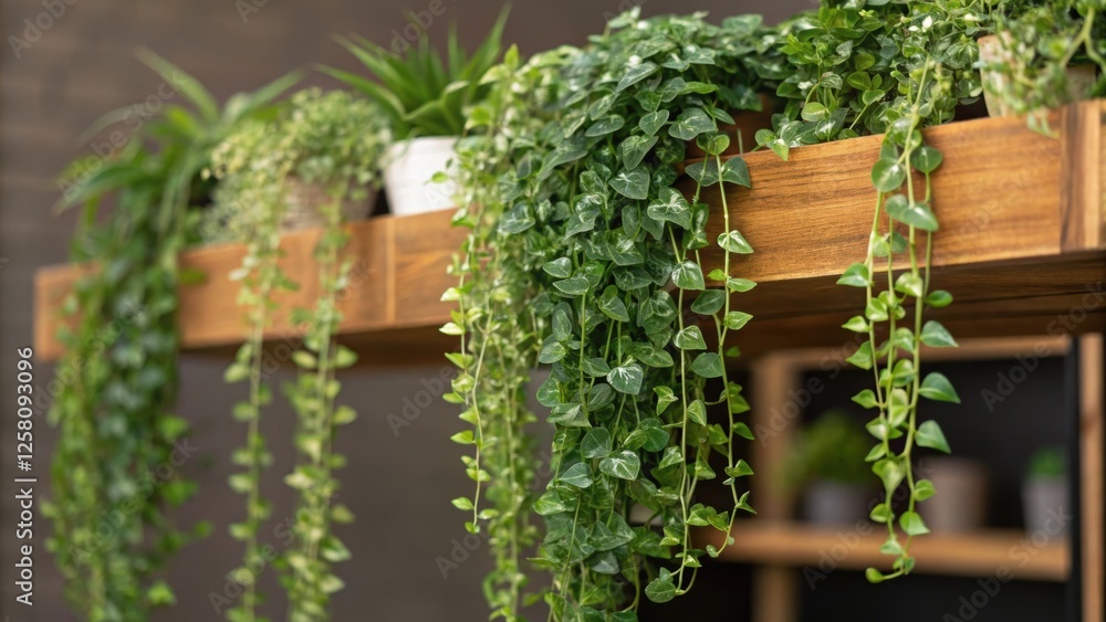 Aufkleber a medium closeup of hanging plants cascading down from a wooden shelf their leaves spilling over the