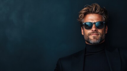 Fototapeta premium A stylish young man in sunglasses embracing a relaxed pose, showcasing modern fashion sensibility and effortless confidence against a rich blue background ideal for fashion narratives.