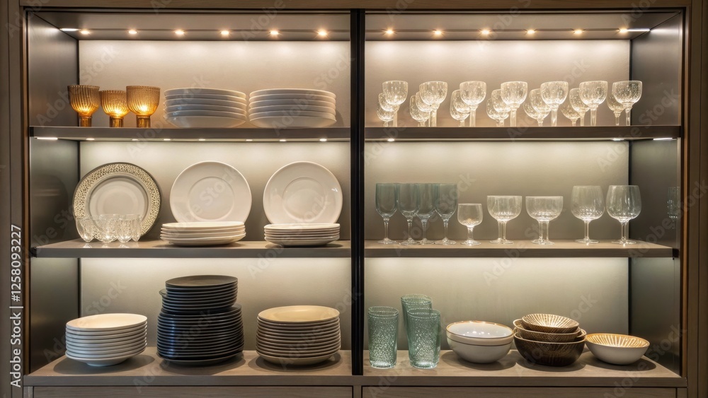 Poster a medium closeup of illuminated shelves displaying stylish dishware and glassware accentuated by the