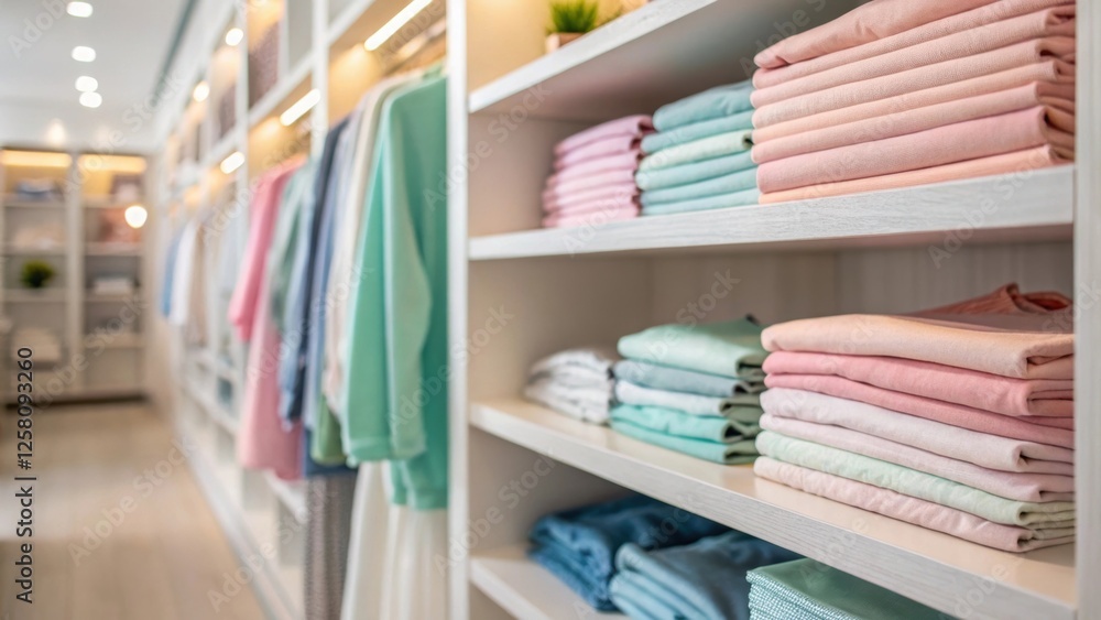 Poster a medium closeup of organized shelves in a custom walkin closet showcasing neatly folded clothing in