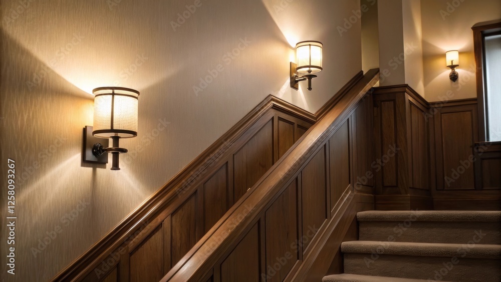 Aufkleber a medium closeup of newly installed wall sconces casting soft light down the stairway creating a war