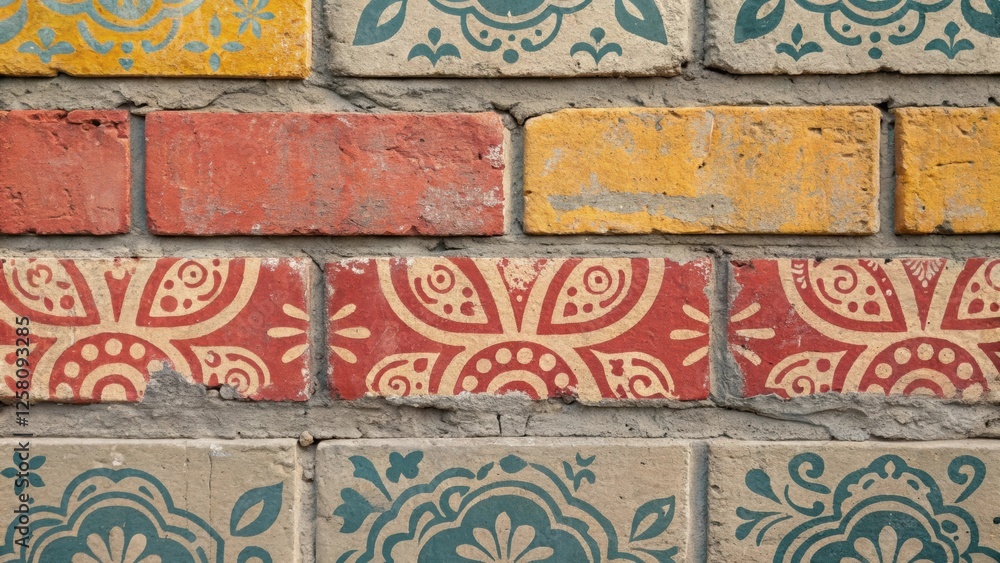 Poster a medium closeup of patterned stenciling on a wall of bricks where paint seeps into the grout showca