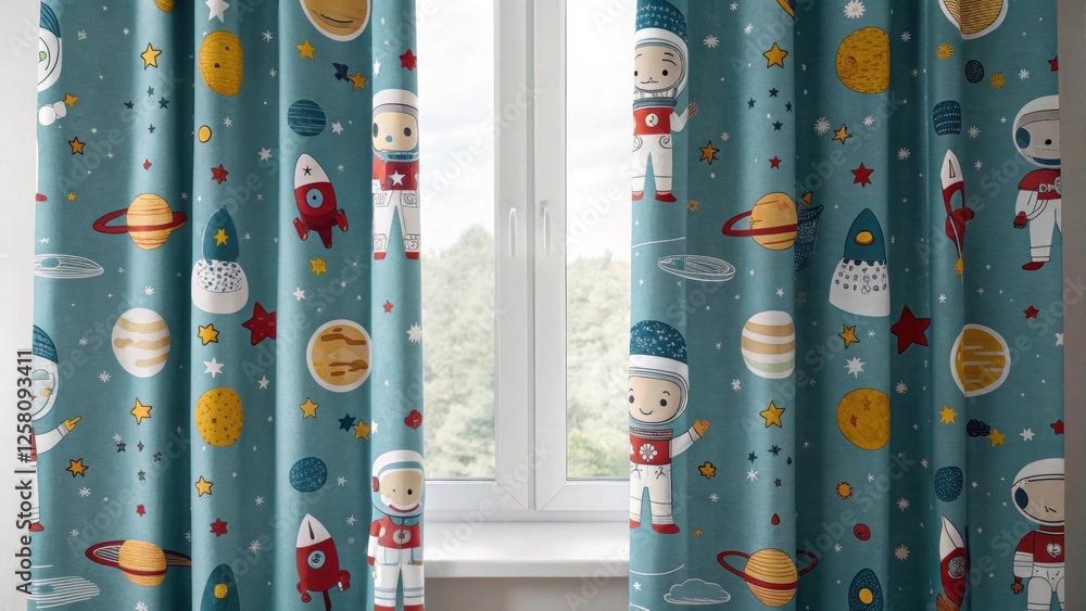 Poster A medium closeup of playful curtains with a lively pattern of cartoon space characters enhancing the theme of space exploration in the room while filtering in gentle light.