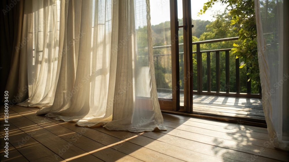 Aufkleber A medium closeup of sunlight filtering through layered curtains casting soft shadows on the balcony floor creating a serene and inviting space.