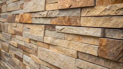 A medium closeup of stacked stone tiles with a textured finish capturing the rugged beauty and natural tones that bring an organic element to the contemporary design.