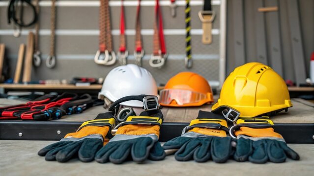 A medium closeup of safety harnesses and protection gear laid out next to the work area highlighting the emphasis on safety during highaltitude installations.