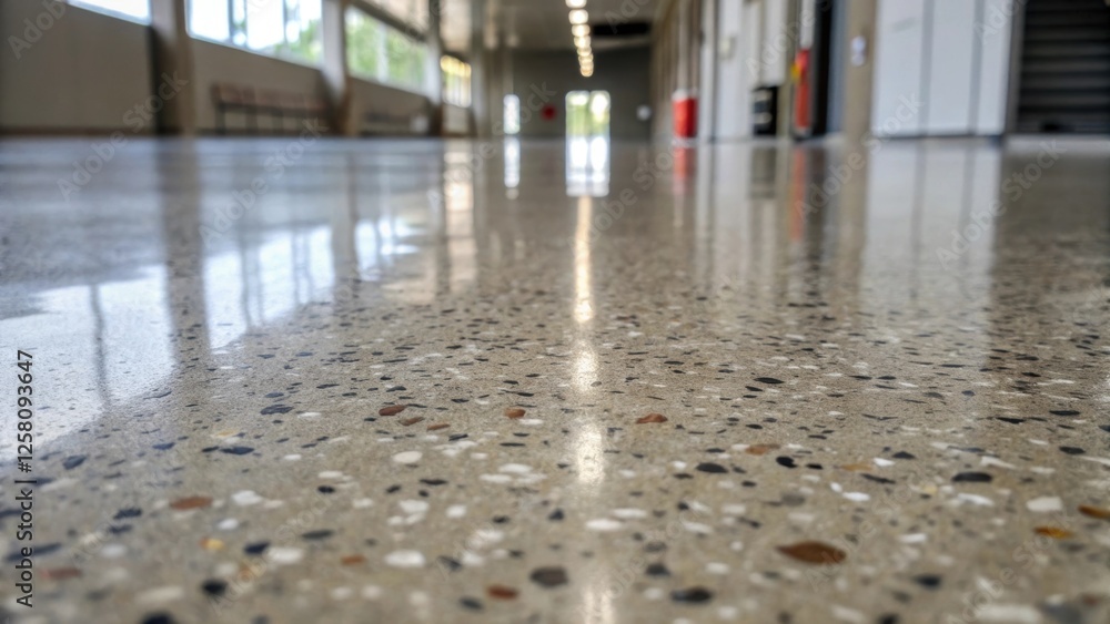 Poster A medium closeup of the concrete floor after the polishing process reflecting light and revealing the aggregate embedded within the surface.