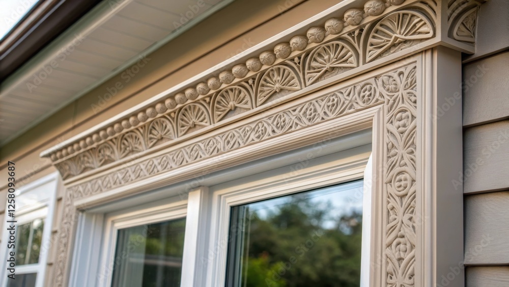 Poster a medium closeup of the decorative trim around the newly installed window showcasing craftsmanship a