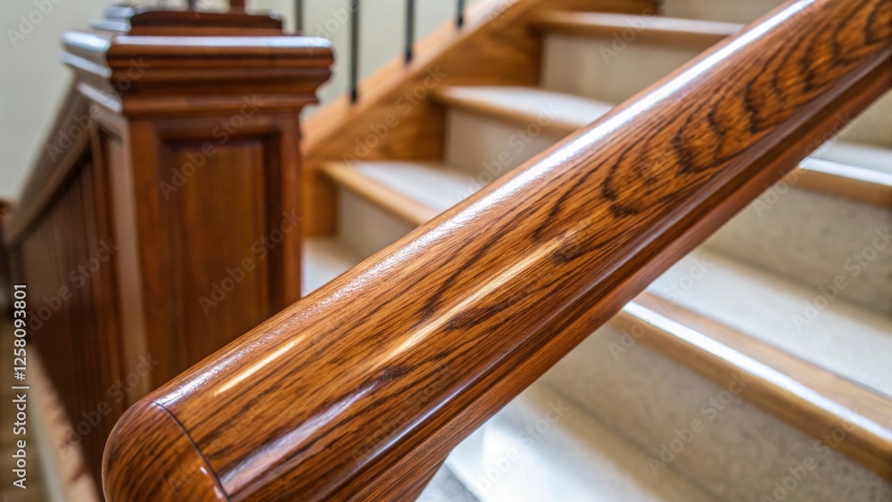 Poster a medium closeup of the gleaming surface of a refinished handrail in natural light revealing the var