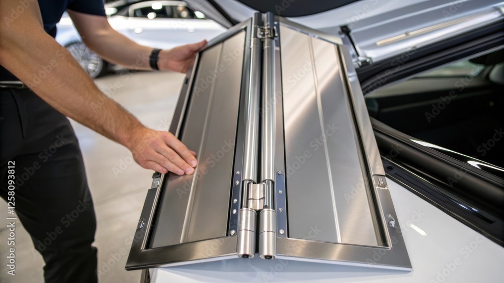 Poster A medium closeup of the folding mechanism featuring sleek metallic hinges with a technician demonstrating how the panels smoothly glide open to create an expansive opening.