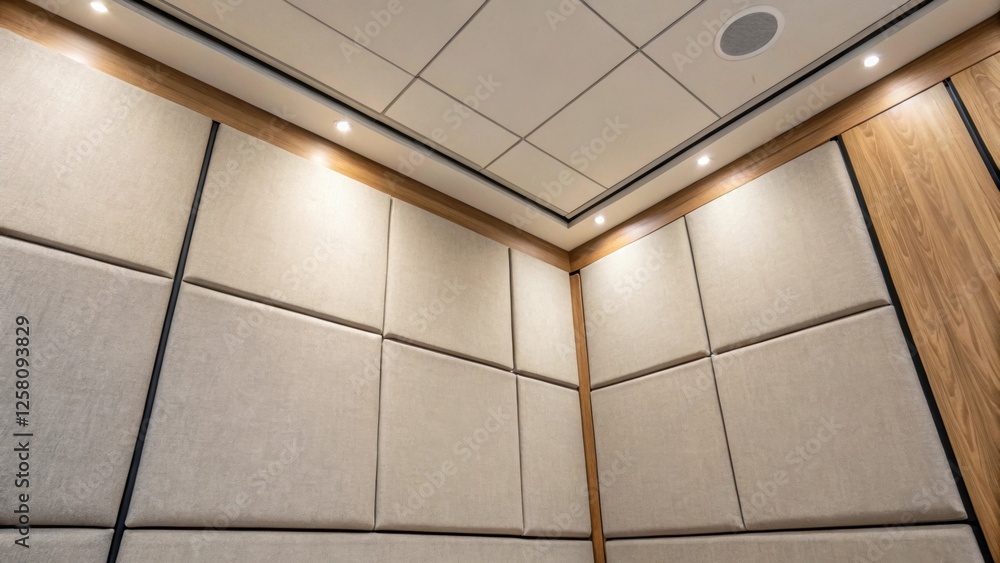 Poster a medium closeup of the corner of a room where soundproofing panels meet capturing the seamless inte