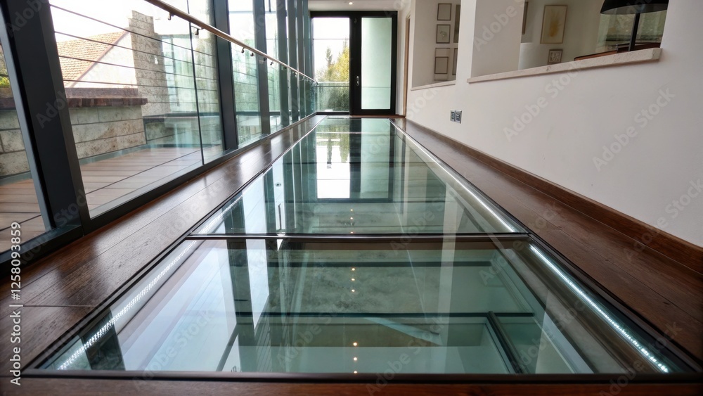 Poster A medium closeup of the glass floor reflecting the surroundings capturing the surreal effect of transparency merging with the upper level of the apartment.