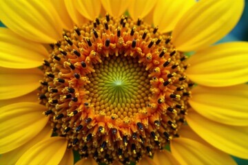 Close-up sunflower, pollen detail Rich yellow, sharp focus , yellow, bright