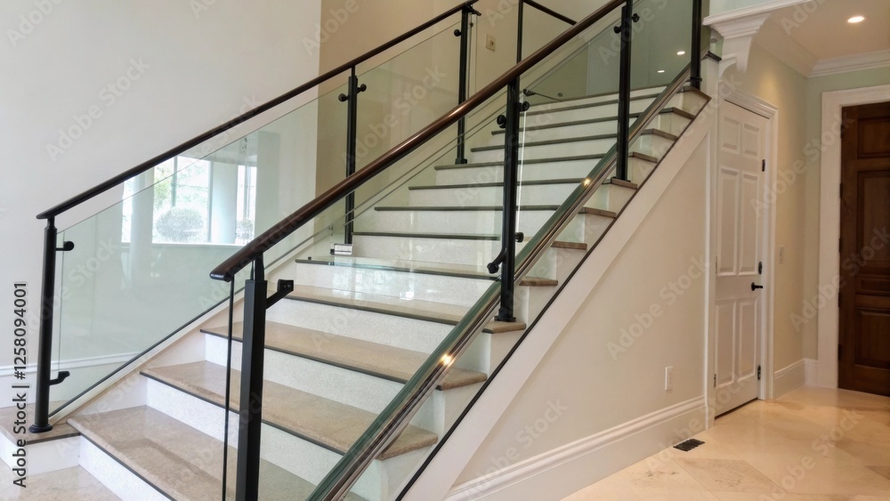 Poster a medium closeup of the staircase railing alongside glass risers featuring a minimalist design that 