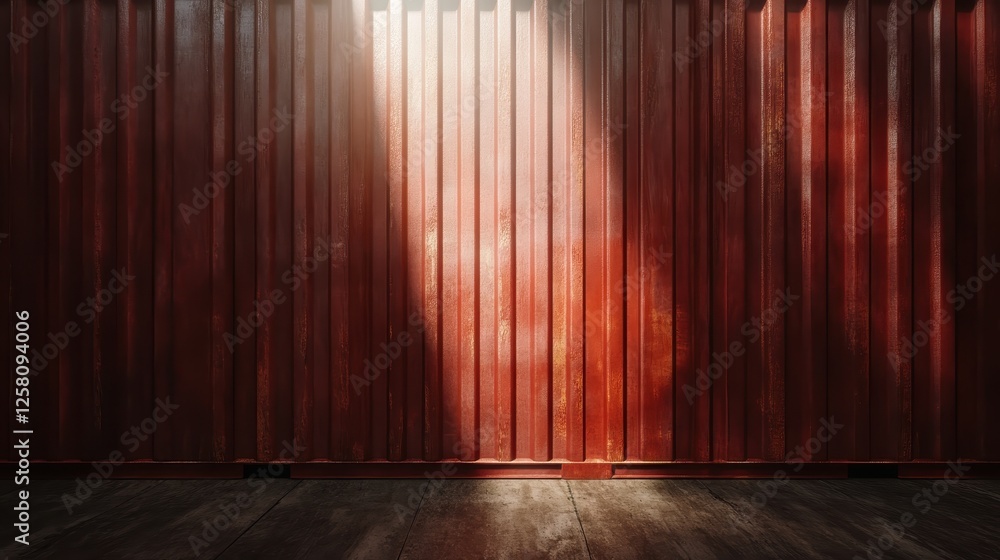 Poster captivating light streaming through the slats of a shipping container, casting dynamic shadows and c