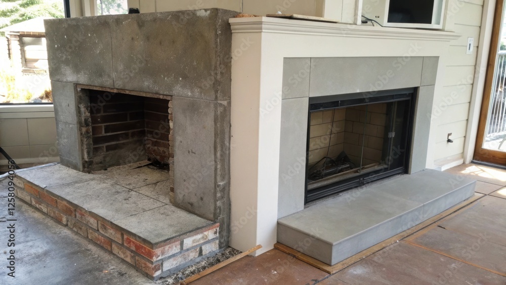 Poster a medium closeup of the transformation in progress with half of the fireplace showing a polished con
