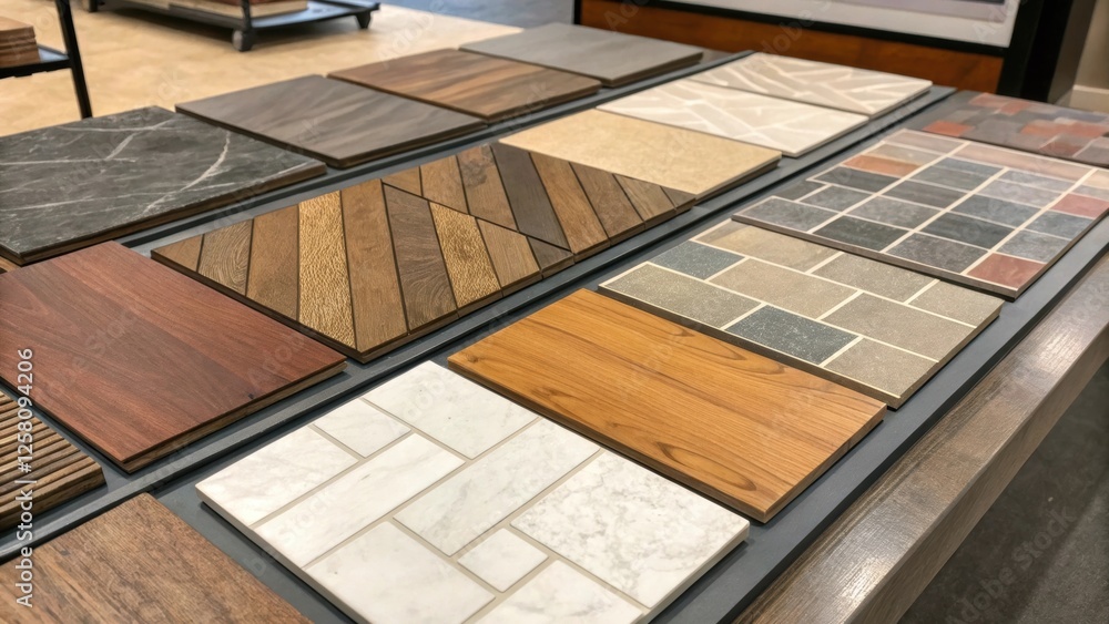 Aufkleber A medium closeup of various flooring options displayed on a table showcasing a mix of colors finishes and textures that highlight the design elements for the entryway.