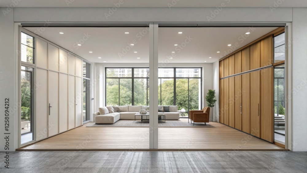 Poster a medium closeup of two rooms divided by a movable wall showcasing an open layout that promotes natu