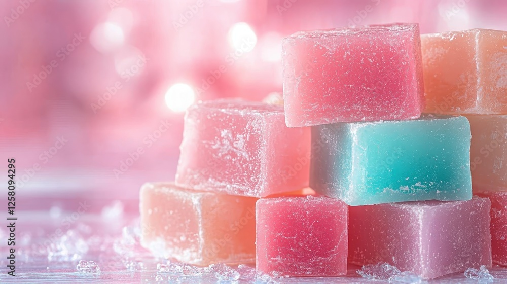 Poster a vibrant display of pastel-colored sugar cubes stacked together, creating a visually appealing and 