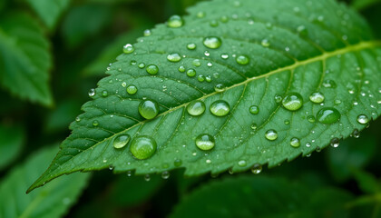 Dewdrops on a green leaf