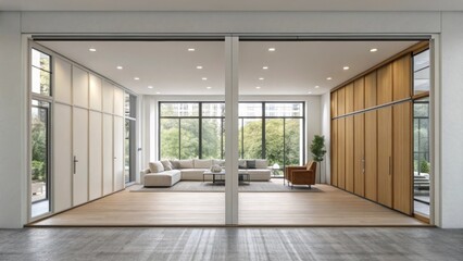 Obraz premium A medium closeup of two rooms divided by a movable wall showcasing an open layout that promotes natural light flowing through the space when the wall is fully retracted.