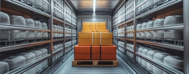 Efficient Cold Storage Warehouse with Packed Boxes and Organized Shelving Units